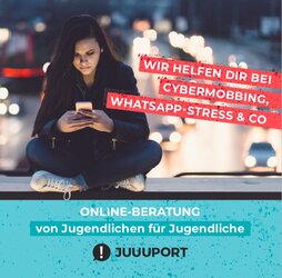 Titelbild der JUUUPORT-Broschüre "Wir helfen Dir bei Cybermobbing, WhatsApp-Stress & Co"