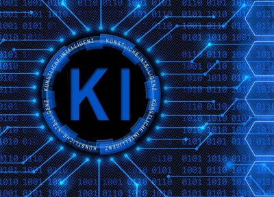 Künstliche Intelligenz Ratgeber Die Buchstaben "KI" stehen in einem Kreis aus Datenmengen.
