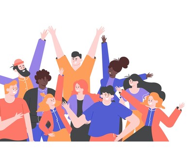 Barrierefreiheit JUUUPORT.de Eine Illustration einer Gruppe unterschiedlicher Menschen, die fröhlich sind und die Hände in die Luft strecken.
