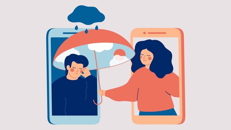 Zwei Smartphones nebeneinander, ein Mädchen lehnt sich aus dem einen Smartphone und hält einen Regenschirm über den Jungen im anderen Smartphone über dem eine Regenwolke schwebt. Er sieht traurig aus.