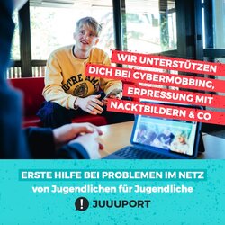 Cover der Broschüre "Erste Hilfe bei Problemen im Netz". Ein junger Mann sitzt auf einem Sofa und hält ein Handy in der Hand